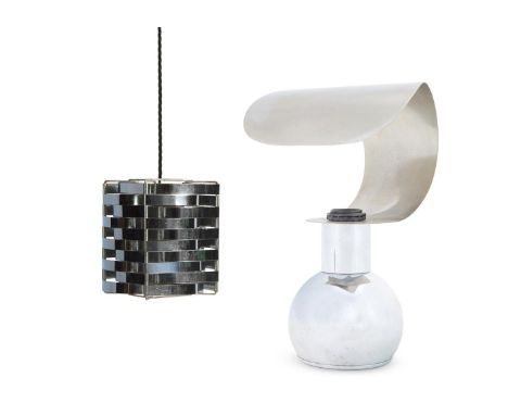 TWO CHROME METAL LIGHTS MID-20TH CENTURY;  The hanging light in the style of Max Sauze, 20cm high, the other, 34.5cm high 