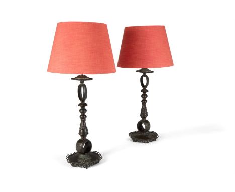 A PAIR OF MEIJI BRONZE LANTERNS JAPANESE, 19TH CENTURY With scrolling dragons on a baluster stem, later fitted and wired as l