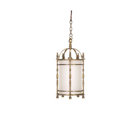 A SMALL EDWARDIAN GILT BRASS HALL LANTERN  BY BAINBRIDGE AND REYNOLDS, EARLY 20TH CENTURY  With frosted glass shade  36cm hig