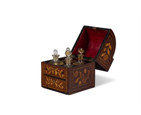 Y  A DUTCH MARQUETRY INLAID MAHOGANY DECANTER CASE  CIRCA 1840  The hinged lid enclosing 4 parcel gilt glass bottles  case 26