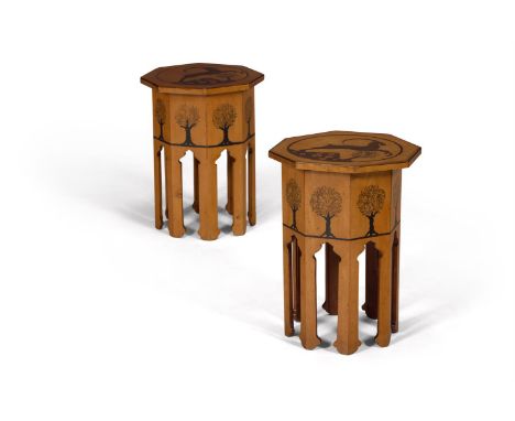 A PAIR OF POKER WORK AND INLAID OCTAGONAL SIDE TABLES  EARLY 20TH CENTURY, IN THE MANNER OF LIBERTY  The tops inlaid with a l