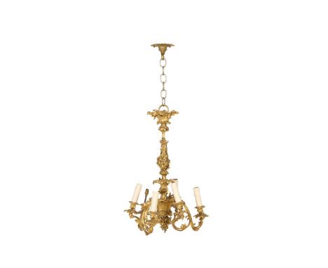 A GILT BRONZE SIX LIGHT CHANDELIER IN LOUIS XIV STYLE  FRENCH, FIRST HALF 20TH CENTURY  Foliate cast throughout, with three a