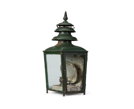 A LATE VICTORIAN GREEN TOLE WALL OR TABLE LANTERN  BY BULPITTS AND SON, DATED 1892  Conical top above glazed front and sides,