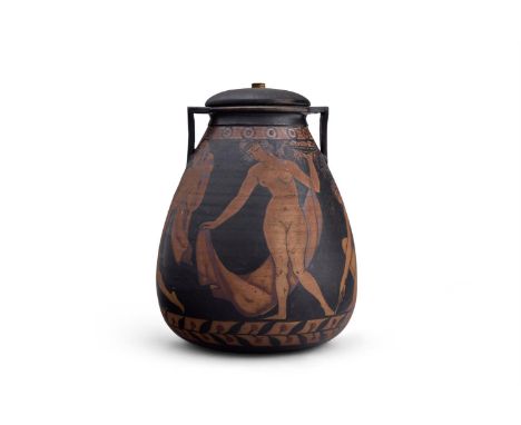 ÉTIENNE VILOTTE FOR CIBOURE POTTERY- A 'RED FIGURE' TWO-HANDLED VASE EARLY 20TH CENTURY  Adapted as a lamp, with a frieze of 