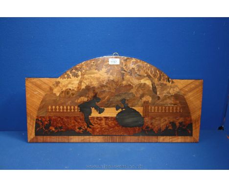 A Marquetry Panel depicting an 18th century couple in a garden scene, attributed to William Chase for 'Watteau' Panels