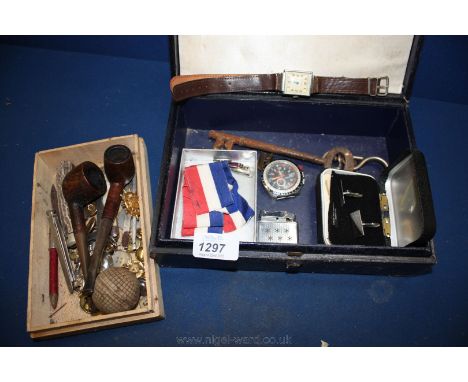 An old 'Dagomar' gent's Wristwatch, medal ribbons, enamel cufflinks, old pipes, penknives, golf ball, etc.
