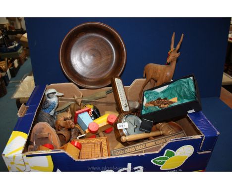 A box of Treen including animals, fruit bowl, train, cribbage boards and barometer, etc.