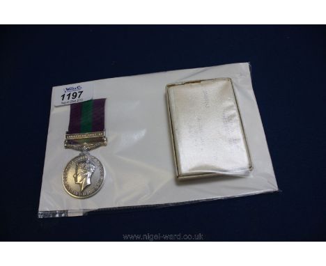 A G.V.I General Service Medal clasp 'Palestine 1945-48, awarded to Tpr R. Cantellow, 4/7 D/GDS (RAC), with box of issue.