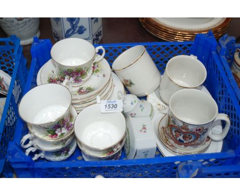 A Stratford bone china Teaset for six with violet pattern, a quantity of commemorative ware including mugs, pin trays, sweet 