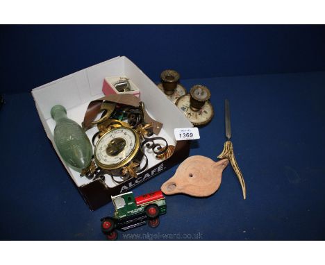 A quantity of miscellanea including Terracotta oil Lamp, Torpedo bottle for Thomas Elliot, Cardiff, epns sugar scuttle, Match