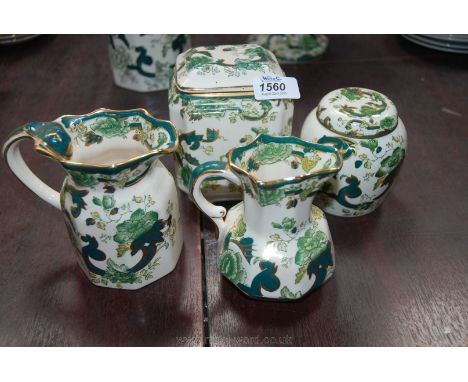 Four pieces of Mason's 'Chartreuse' including a small Ginger Jar and lid, square Tea Caddy and lid and two small Jugs, 4 3/4'