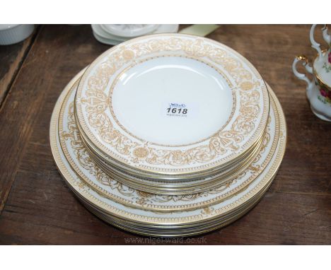 A Royal Worcester 1960's gilded part Dinner service, "Hyde Park" pattern including six dinner plates, salad plate and six sid