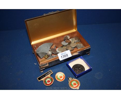 A quantity of various Coins and Tokens, enamel badges, etc. all in an Epns Cigar box