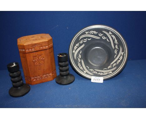 A pair of Robert Welch iron Candlesticks, a Pearson's of Chesterfield Scraffito bowl and an Arts & Crafts hand carved Tea Cad