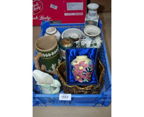 A quantity of china including a Royal Worcester leaf jug - a/f, a Sylvac tree stump flower planter, a boxed Old Tipton Ware V