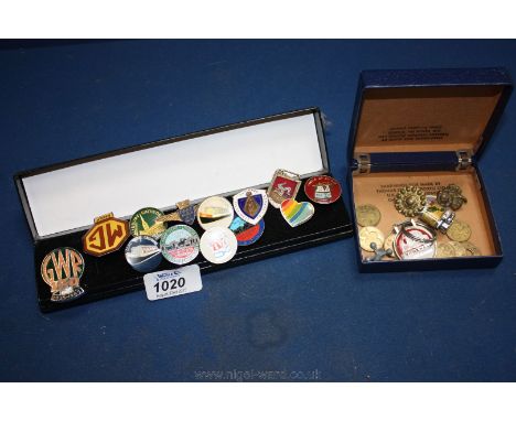 A quantity of enamel Badges including GWR 150, MG, canal cruising, Junior Jet Club, Countryside freedom, etc. and odd tokens,
