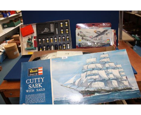 A boxed Revell Cutty Sark with sails model kit, an Airfix Beau fighter TF.X and Messerschmitt BF109G-6 and a boxed Micro Scie