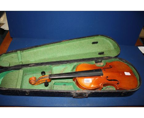 An ebonised wooden violin case with maker's name "The Maidstone, Murdoch Murdoch & Co, London" containing a Violin with print