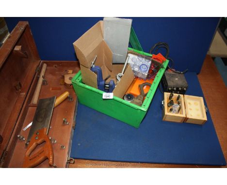 A quantity of tools including an Irwin Record V75B table Vice, a drawing instruments, 150lb Pulley, Triang controller, part S