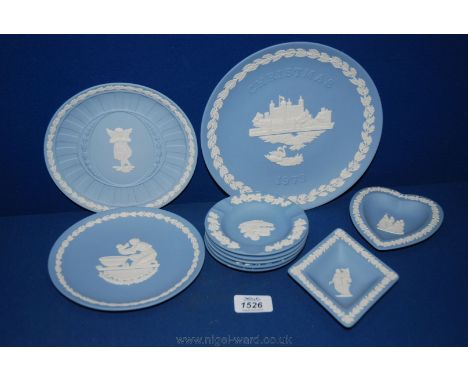 A quantity of blue Wedgwood Jasperware including three plates, five pin trays, two trinket dishes.