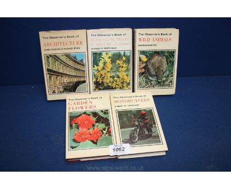 Five Observer Books including Motorcycles, Garden Flowers, Wild Animals, etc.