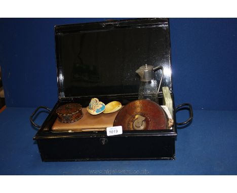 A Brass State Express cigarette box, a Rabone tape Measure a/f, two small stone carved trinket Pots with lids, small painted 