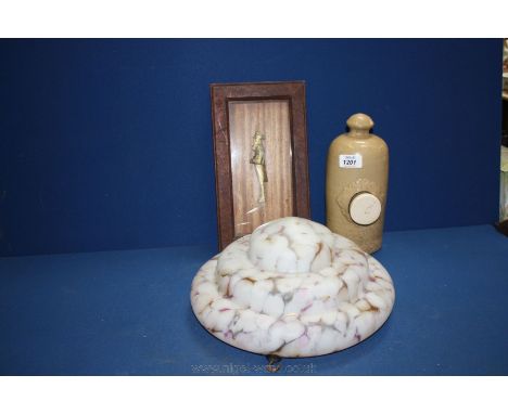 A glass Lamp Shade, a gilt framed sculpture and a stoneware Hot Water Bottle