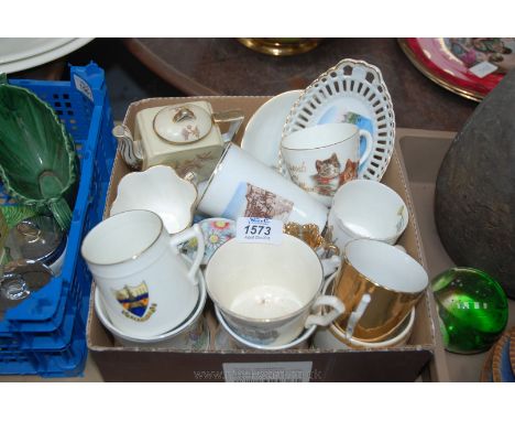 A quantity of china including commemorative Mugs, Beaker from Weston Super Mare, Baden Powell Mug, small Teapot, Mug from Ber