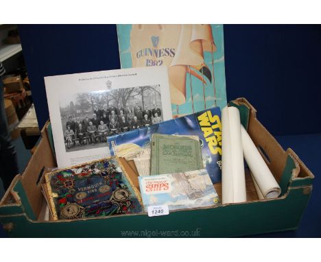 A quantity of miscellanea including Morris Oxford and Cowley car Manual, Vermouth advertising mirror, small Lowry prints, two