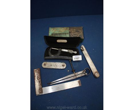 A boxed and cased Moore & Wright metric Micrometer measuring up to 0.25mm, an engineer's compass, an internal caliper by M & 