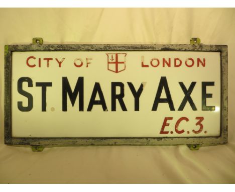 An original vintage London street sign - ST MARY AXE. Approx. measurements: 30.5 X 68.5CM. PLEASE NOTE THAT THIS ITEM IS NOT 