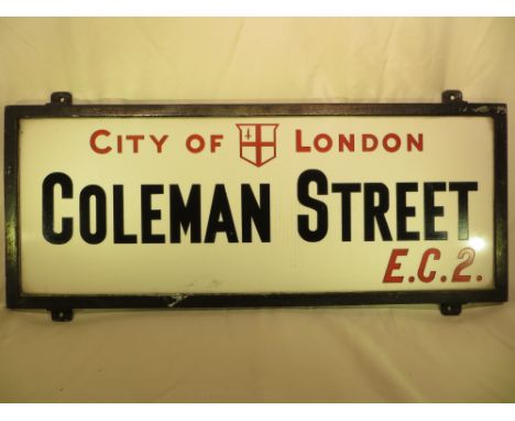 An original vintage London street sign - COLEMAN STREET. Approx. measurements: 30.5 X 76CM. PLEASE NOTE THAT THIS ITEM IS NOT