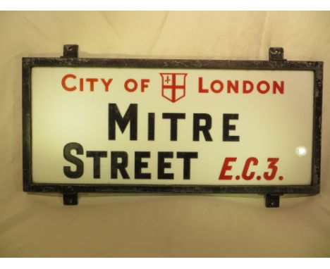 An original vintage London street sign - MITRE STREET.  Approx. measurements:  30.5 X 68.5CM.  PLEASE NOTE THAT THIS ITEM IS 
