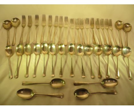 39x Pieces of sterling silver flatware by Walker &amp; Hall, Sheffield. Consisting of 9x soup spoons; 17x forks; 9x dessert s