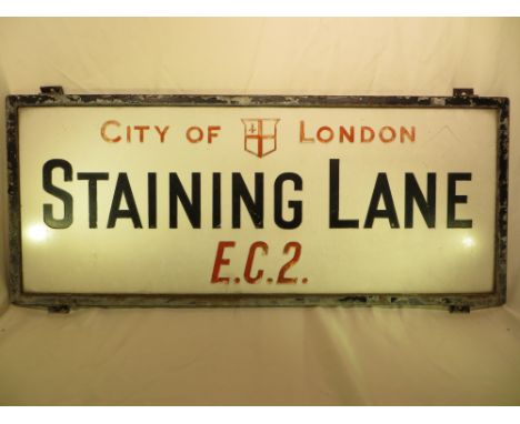 An original vintage London street sign - STAINING LANE. Approx. measurements: 38.5 X 91.5CM. PLEASE NOTE THAT THIS ITEM IS NO