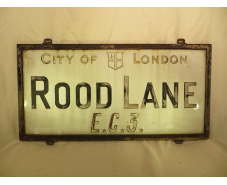 An original vintage London street sign - ROOD LANE.  Approx. measurements: 38 X 76CM.   PLEASE NOTE THAT THIS ITEM IS NOT ELI