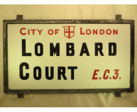 An original vintage London street sign - LOMBARD COURT. Approx. measurements: 38.5 X 69CM. PLEASE NOTE THAT THIS ITEM IS NOT 