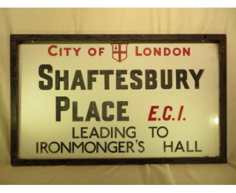 An original vintage London street sign - SHAFTESBURY PLACE LEADING TO IRONMONGERS HALL. Approx. measurements: 45 X 76CM. No b