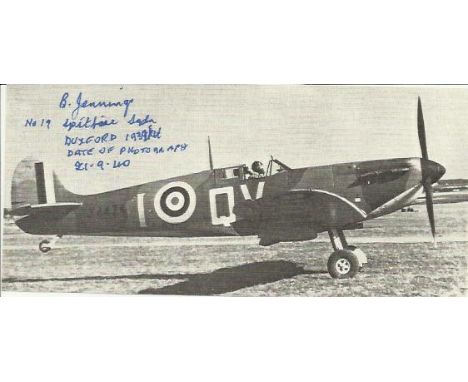 Sgt B J Jennings, Small magazine photo signed by Battle of Britain veteran Sgt B J Jennings, 19 Sqn Spitfires. This little ph