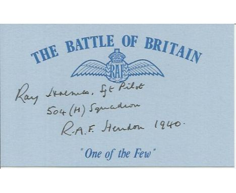 Sgt R T Holmes, Blue Battle of Britain card signed by Battle of Britain veteran Sgt R T Holmes, 504 Sqn Hurricanes. He famous
