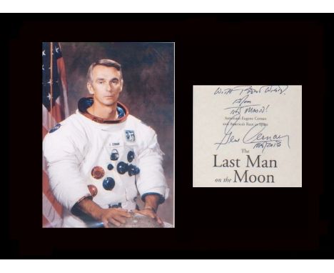 Apollo 17. Last Moonlanding. Signature of Eugene Cernan with WSS portrait. Professionally mounted in black to 16”x12”. Excell