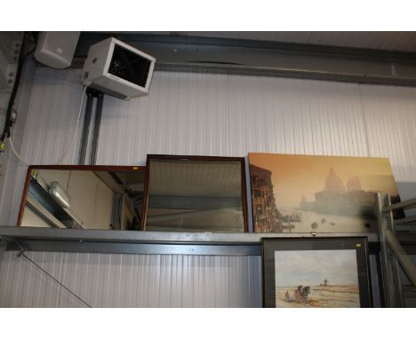 Two G-plan style wall mirrors and a print on canvas 