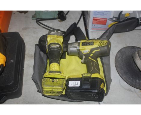 A Ryobi R18IW3 cordless impact driver; a Ryobi RAG18X cordless angle grinder with 18V 5.5Ah battery with carry bag
