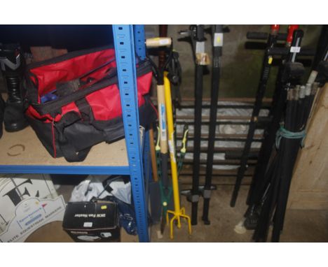 A small quantity of gardening tools to include shears, digging spade, hand cultivator etc.