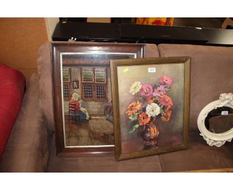A gilt framed print, still life study and an oak framed embroidered study 