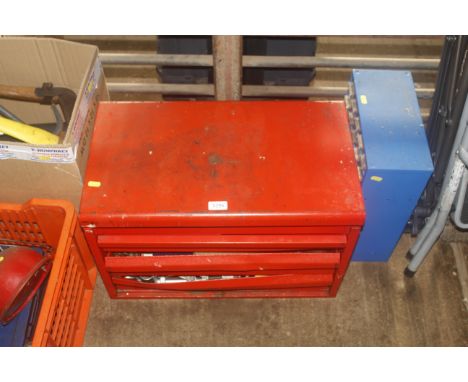 A metal tool chest comprising hinged lid and three drawers with contents of various tools, screw drivers, spanners and a smal