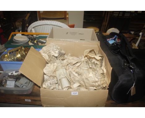 Two boxes containing various items to include woodworking tools, smoothing plane, stoneware figures etc.