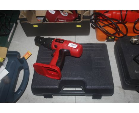 A Power devil PD2154300 cordless electric drill, with battery charger and a small quantity of drill bits in fitted plastic ca