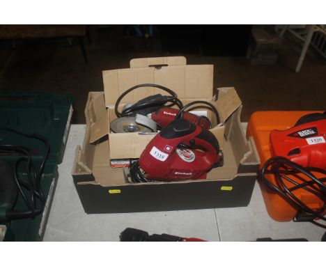 An Einhell TC-JS60 corded jigsaw and an Einhell TC-AG115 corded angle grinder with instruction guide and original box