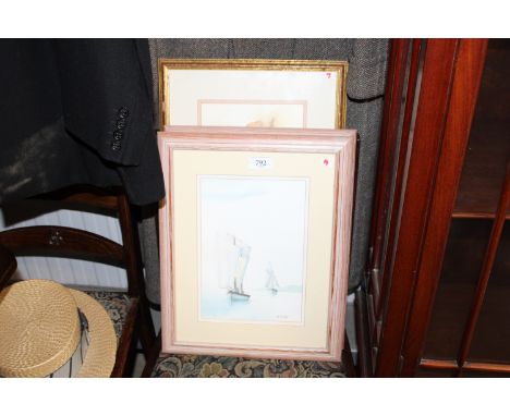 K F Walker, three watercolour studies, two depicting sailing ships and one still life